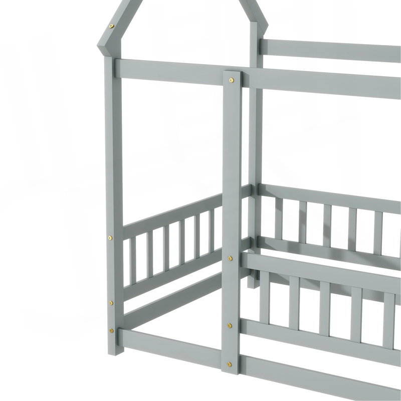 Lit en bois pour lit simple avec structure de toit, garde-corps de sécurité, Lit simple, Gris