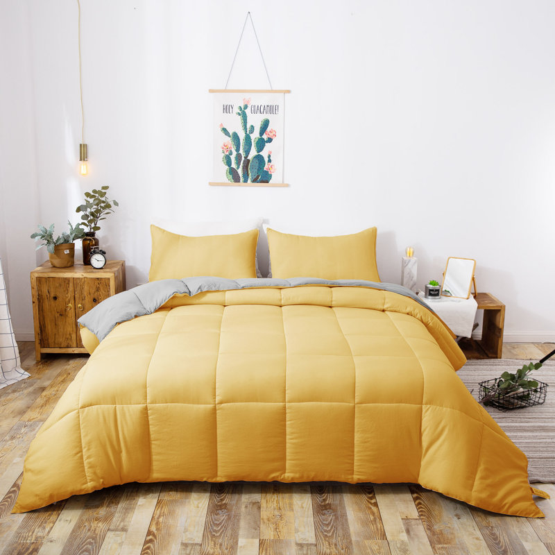 All Season Down Alternative Quilted Comforter Set-Reversible Bedding Set-Machine Washable, Yellow