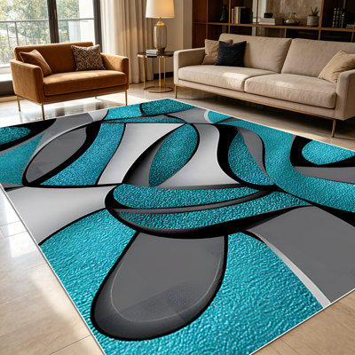 1PC Teal Grey Black Abstract Geometric Swirl area rugs for Living Room, Soft and Comfortable, Suitable for all seasons, easy-to-maintain, machine washable Indoor floor mat, suitable for dining room, kitchen, bedroom, patio, Home Decor, Outdoor Decor.