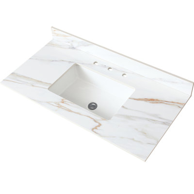 Couvercle de comptoir de salle de bain 43 po blanc - avec évier rectangulaire et comptoir de meuble-lavabo en marbre résistant aux taches 4 po, dosseret en pierre frittée aux chocs, trou de robinet de 8 po