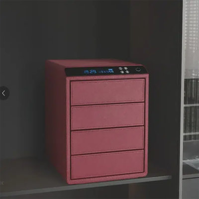Leather Chest, Mahogany 4-Drawer Jewelry Safe with Biometric Fingerprint Passcode Lock, Temperature Humidity Monitor, Bluetooth Mobile App Control