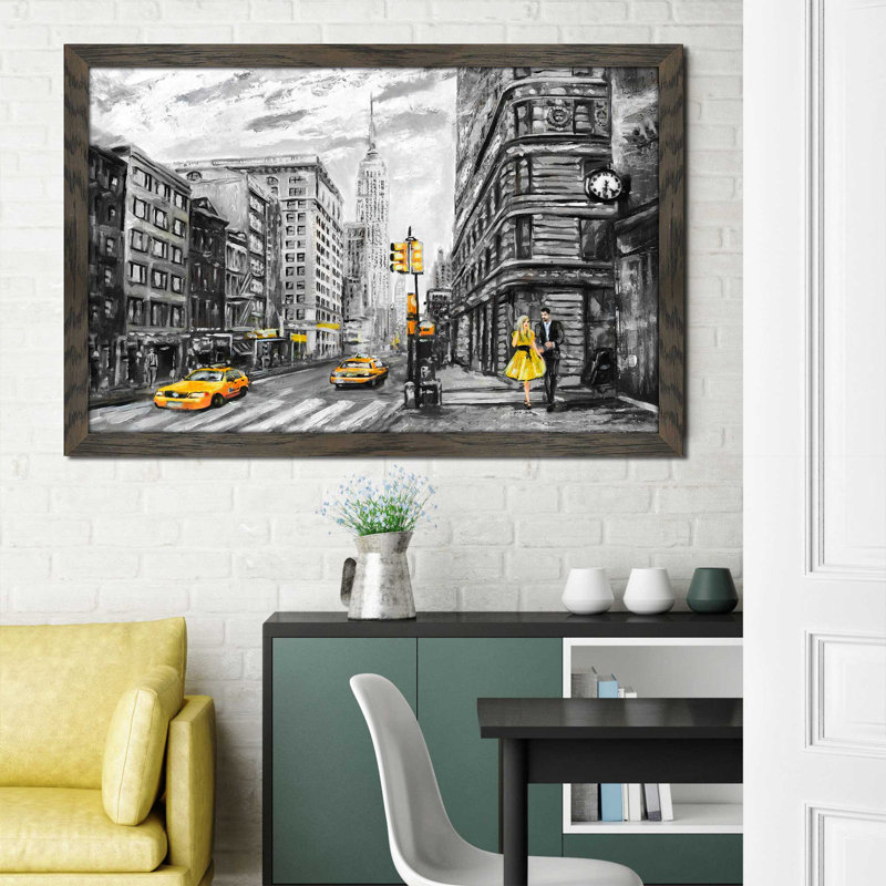 «NY NY», reproduction encadrée, H 27,5 po x l 39,5 po x P 0,75 po, Cadre chocolat patiné