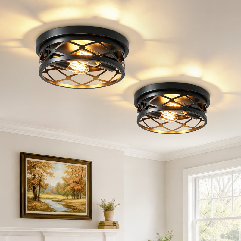 2-Pack Industrial Circular Grid Black Metal 2-Light Flush Mount Ceiling Light(Bulb Not Include), Circular Grid