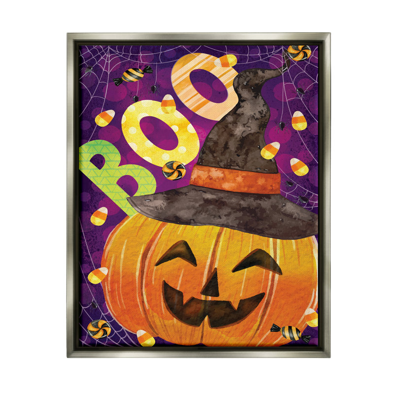 «Boo Jack-o-Lantern Halloween Candy» par ND Art, impression, H 21 po x l 17 po x P 1,7 po, Cadre flottant gris lustré
