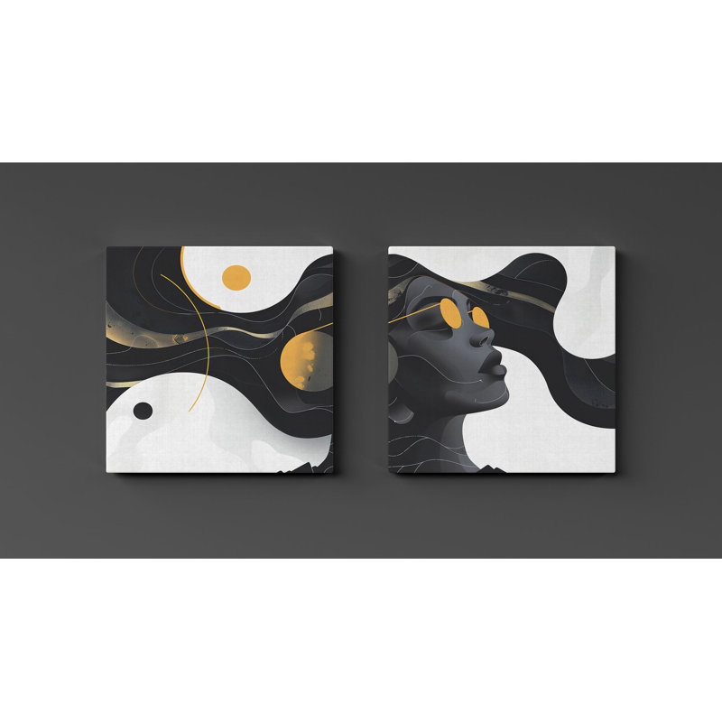 Superbe peinture sur toile décorative (2 pièces), doré et noir / blanc, 19,7 po x 19,7 po chacune | 100% toile avec cadre 100% bois | Idéal pour le décor du salon et de la chambre à coucher, œuvre d'art moderne et élégante
