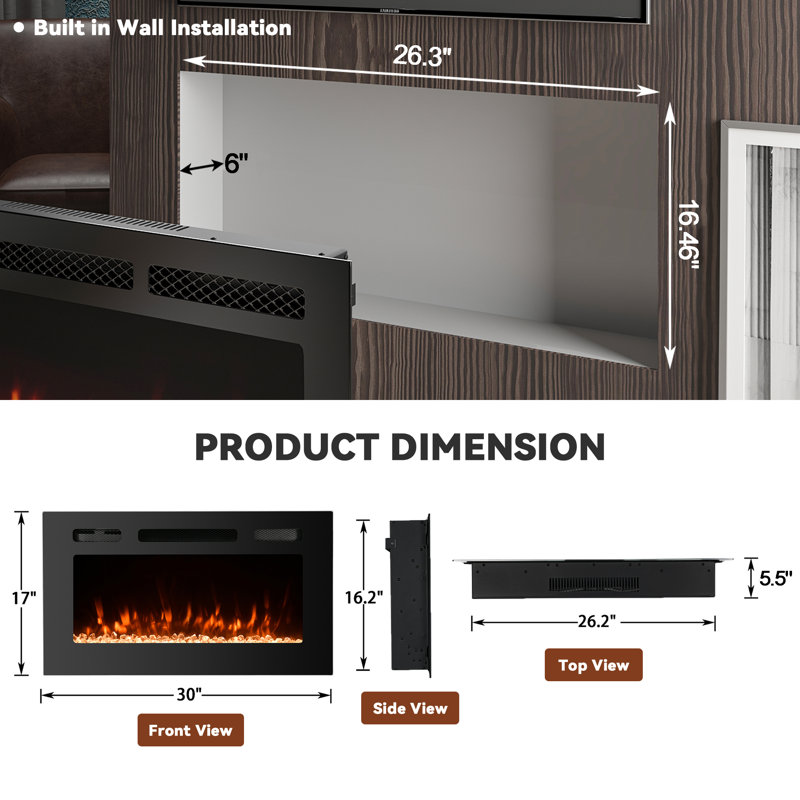 30 Inch Wall Mounted and Recessed Electric Fireplace with Remote Control, Timer, 12 Flames, Touch Screen, Linear FirePlace Heater with Log & Crystal for Living Room
