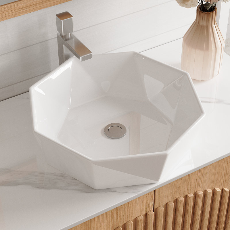 Geometric Diamond-Shaped Ceramic Vessel Sink, 5.3" H X 19.7" L X 15.72" W, Fits 3.35" Countertop Hole