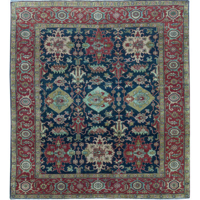 Tapis bleu et rouge noué à la main de haute qualité
