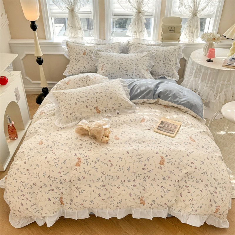 Muti-Floral Pattern Ruffle Laced Cotton Duvet Cover Set, Yellow/Blue Floral, Twin Duvet Cover + 2 Standard Pillowcases