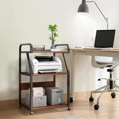 Support pour imprimante à roulettes - Chariot d'imprimante mobile à 3 niveaux avec rangement et roulettes pour le bureau ou la maison - Table multifonctionnelle pour imprimantes, copieurs, scanneurs - Conception à arc stable - Finition foncée