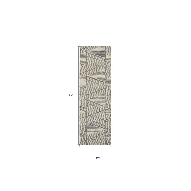 Tapis de couloir abstrait en laine 8 'gris et blanc