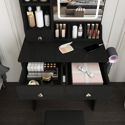 Bureau de coiffeuse compact avec éclairage à DEL réglable, rangement et fauteuil