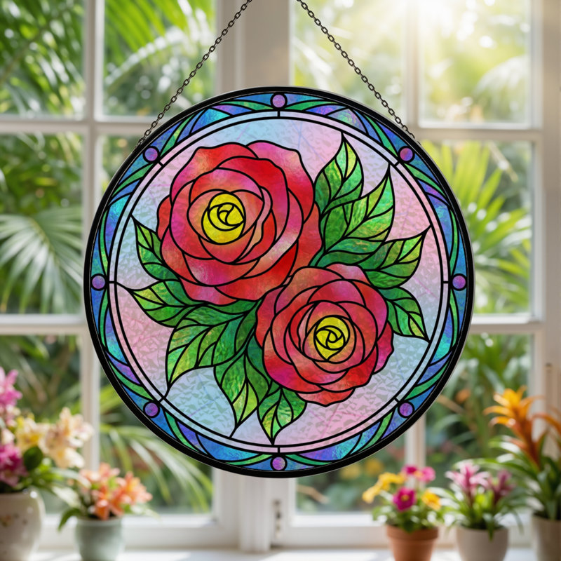 Panneau de vitrail en forme de rose 12 "H, H 12 po x l 12 po