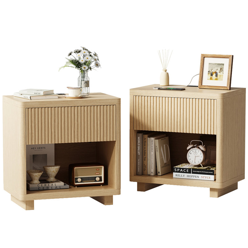 Adkins 24'' W Nightstand with Drawer Open Shelf and Built-In Outlets Stylish Bedside Table with Charging Station Wooden Nightstand Set of 2 Natural Wood