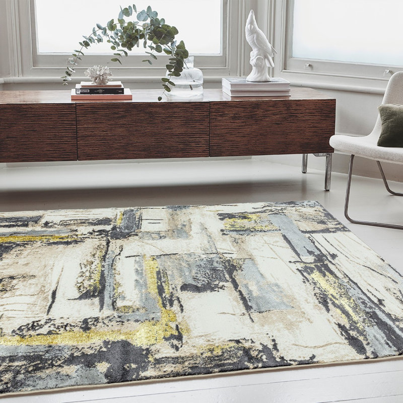 Yellow Modern Easy To Clean Abstract Rug For Dining Room Bedroom And Living Room, Chenille/Cotton, Rectangle 120 x 170cm