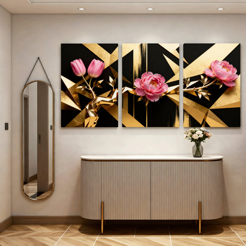 «Golden Geometric Floral», reproduction d'art sur toile tendue sur toile (ensemble de 3), H 18 po x l 36 po