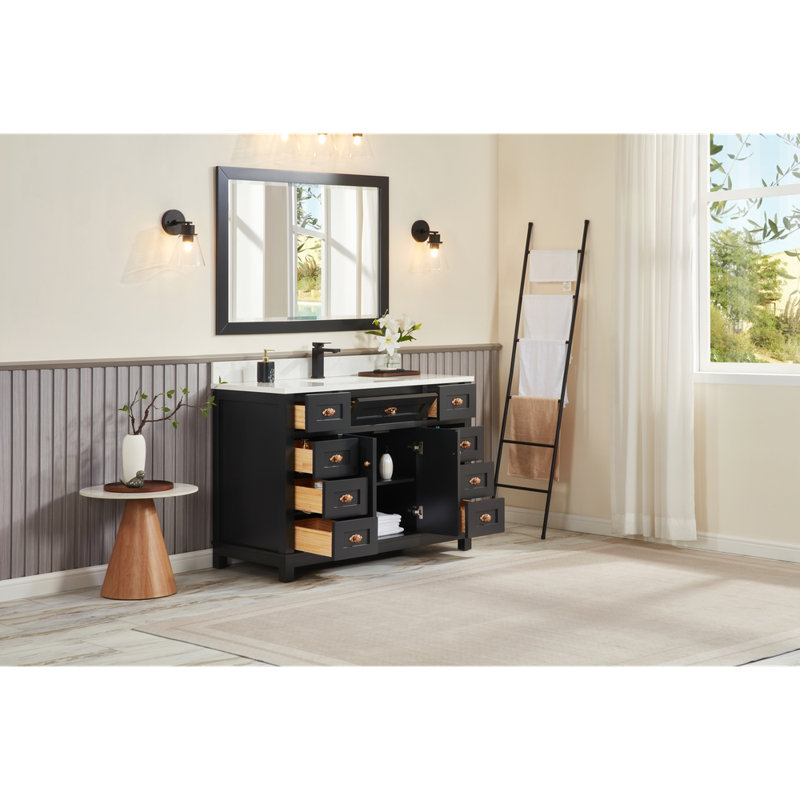 48" Solid Wood Sink Vanity With 1' Artificial Stone Top, Tricorn Black, Rose Gold