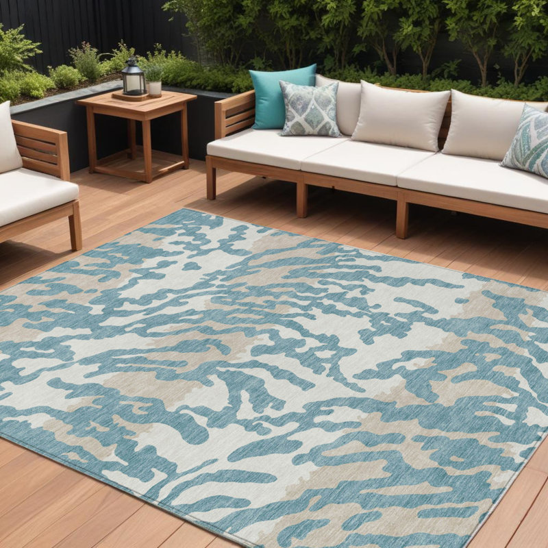 Tapis bleu sarcelle à imprimé animal beige et ivoire 9 'X 12'