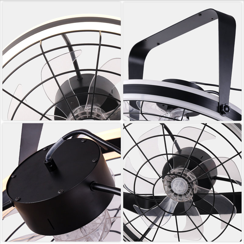 22 Inch Modern Black Wall Mounted Ceiling Fan With Light And Remote, Caged Fan With Adjustable Tilt Head