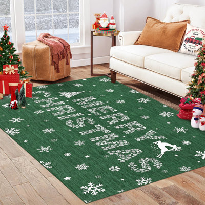 Tapis de flocon de neige 8 pi x 10 pi Tapis d'hiver vert pour le salon Tapis doux à poils courts et doux pour la cuisine, salle à manger, décorations de Noël