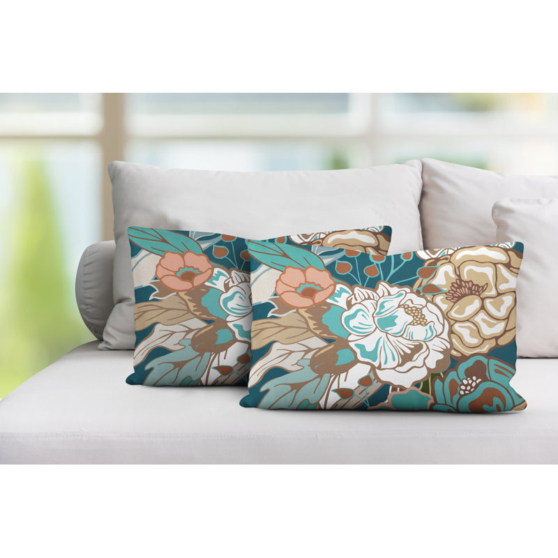 Coussin intérieur / extérieur Nouvel Floral, Turquoise
