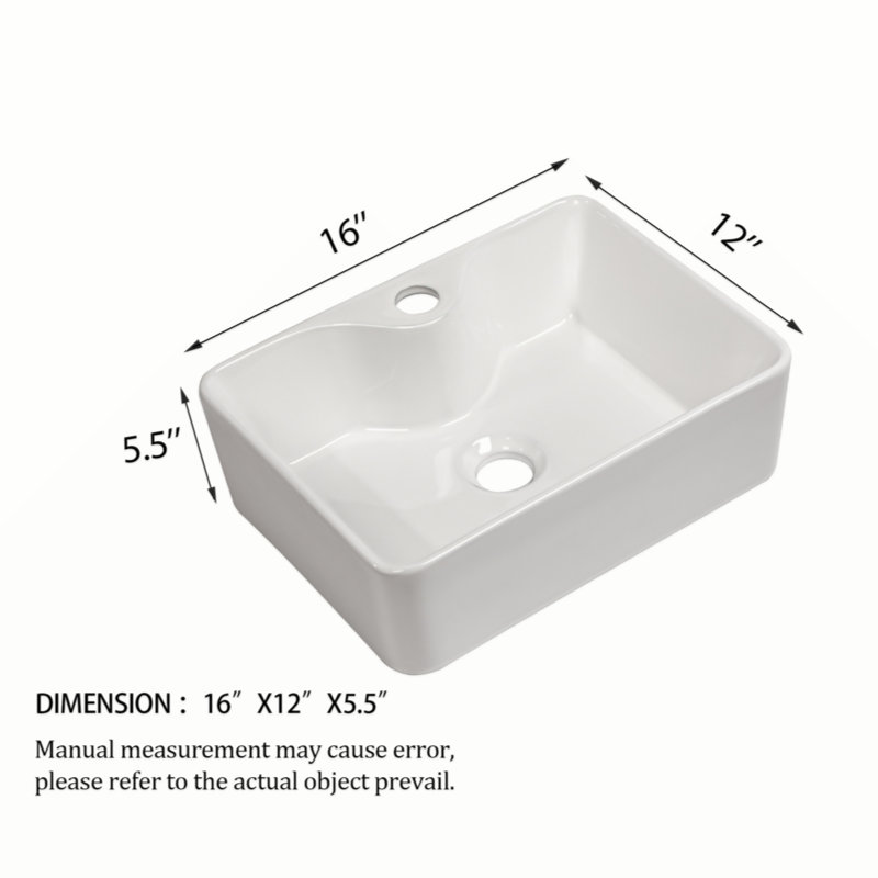 16"X12" White Ceramic Rectangular Vessel Bathroom Sink