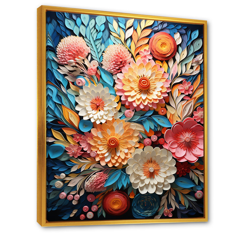 Rose et bleu abstrait botanique sur toile, H 20 po x l 12 po x P 1 po, Cadre flottant doré