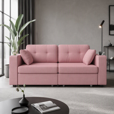 Canapé moderne en chenille à trois places avec ports de charge USB intégrés, chaise de rangement, porte-gobelet et structure en bois pour le salon ou l’appartement.
