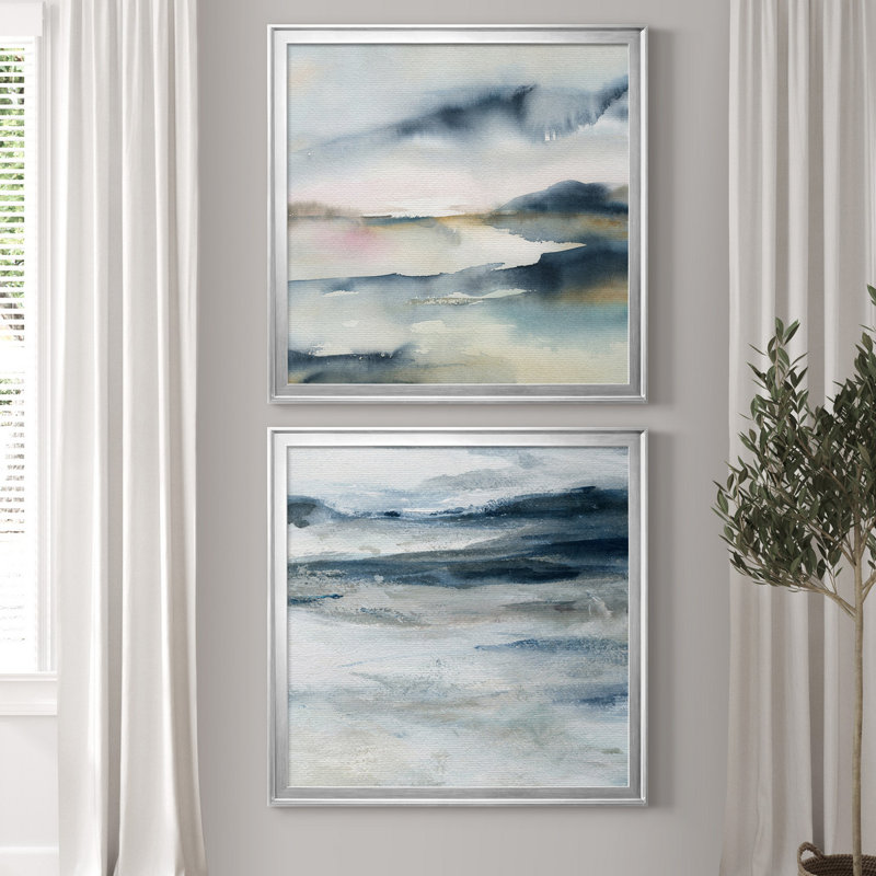 Sunwashed Horizon - Peinture encadrée sur papier, H 30,5 po x l 61 po, Impression encadrée sans passe-partout, Argent argent
