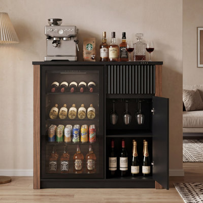 Mini Fridge Cabinet With Power Outlet,39.4"w Coffee Bar Cabinet With Fridge Space,buffet Sideboard With Wine Rack And Storage Shelves,liquor Cabinet For Kitchen,dining Room,black