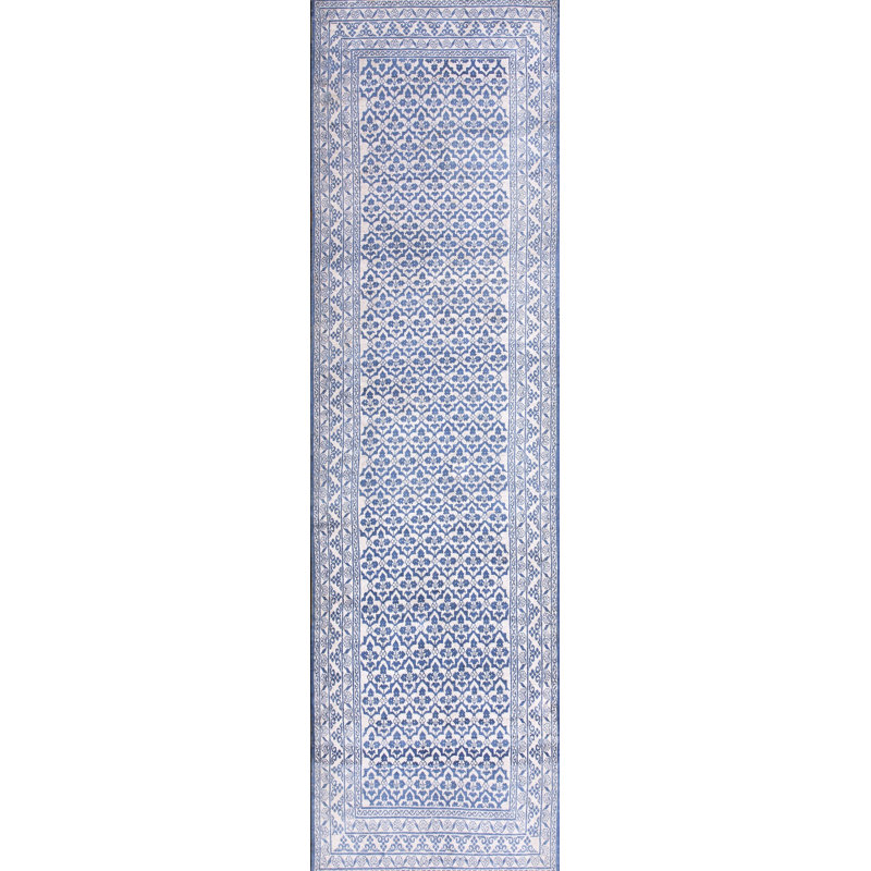 Crisp Blue and White Color Antique Floral Trellis Pattern Cotton Agra Runner