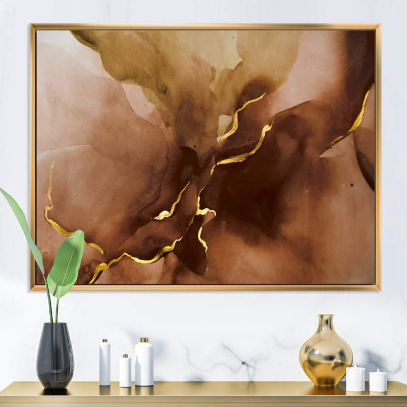 Aquarelle dessiné à la main sur fond brun avec de l'or - Reproduction d'art graphique sur toile, Toile encadrée, Doré