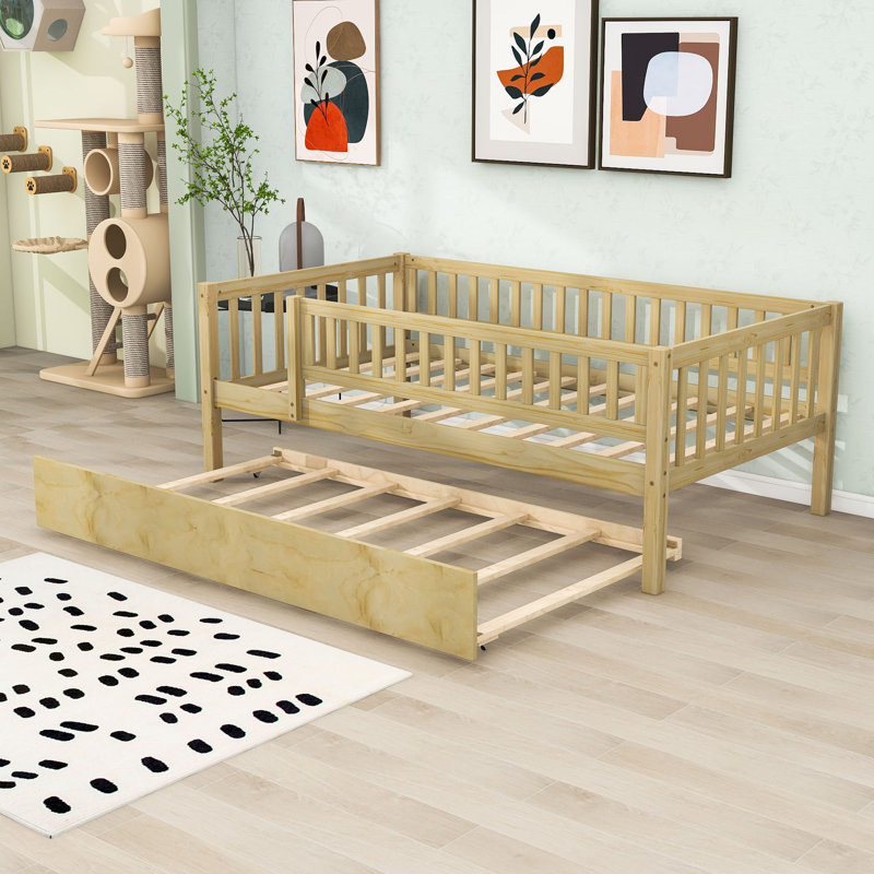 Wood Daybed with Twin Trundle and Guardrails, Natural, Twin