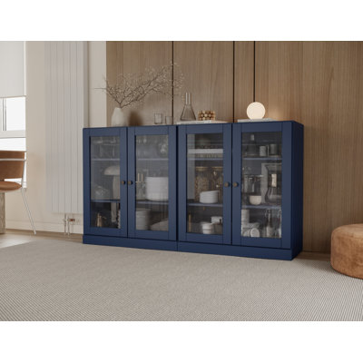 Buffet 100% bois massif 64 "avec portes en verre transparent et tablettes réglables