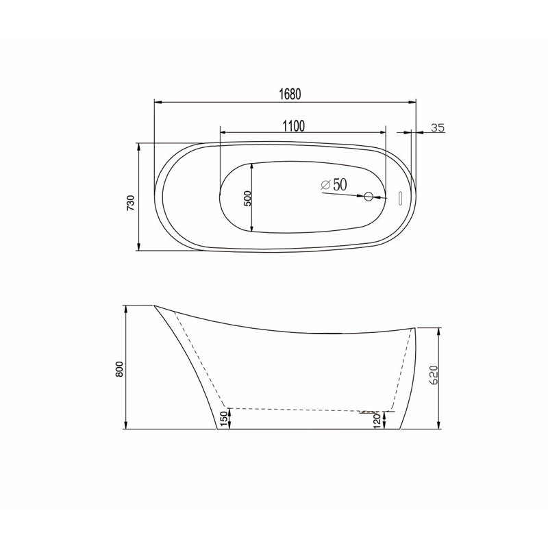 1680mm x 168mm Freestanding Soaking Acrylic Bathtub