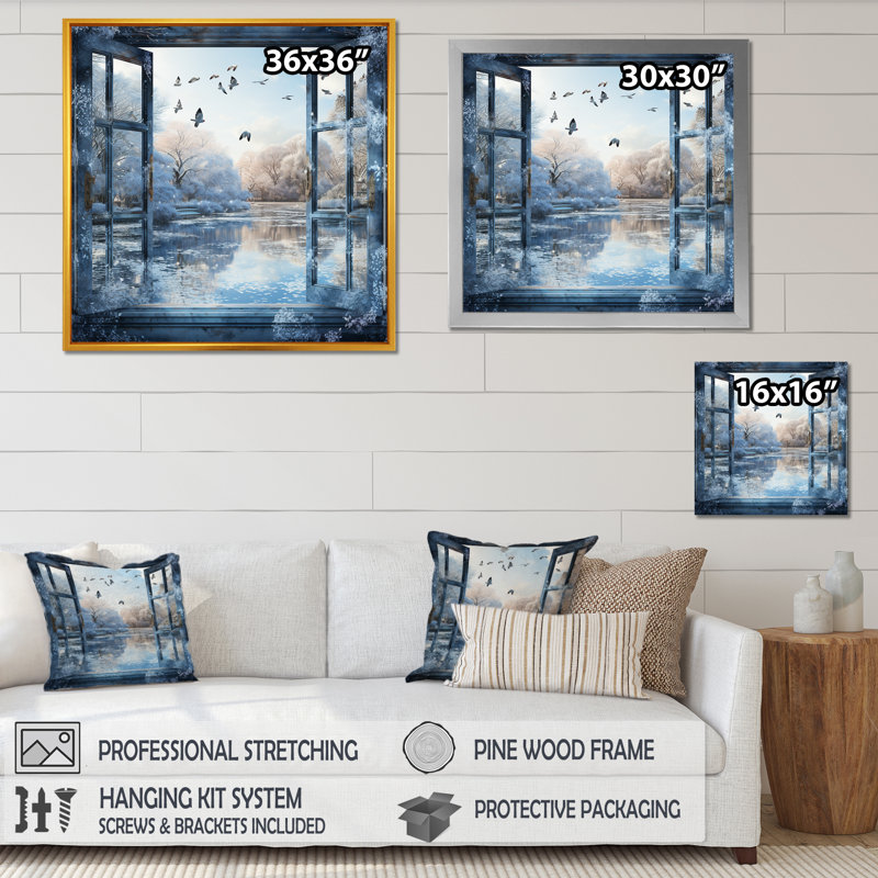 «Winter Window By The Lake - Winter Landscape», art mural, Cadre simple blanc, H 16 po x l 16 po x P 1 po