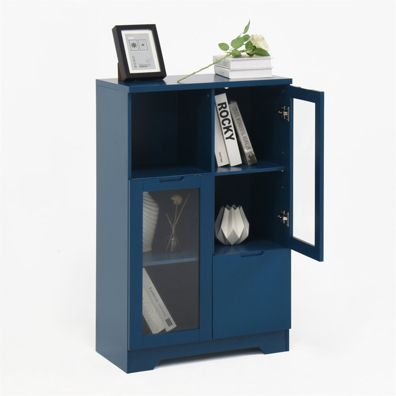 Wooden Floor Cabinet with 2 Glass Doors and 2 Storage Spac, Blue