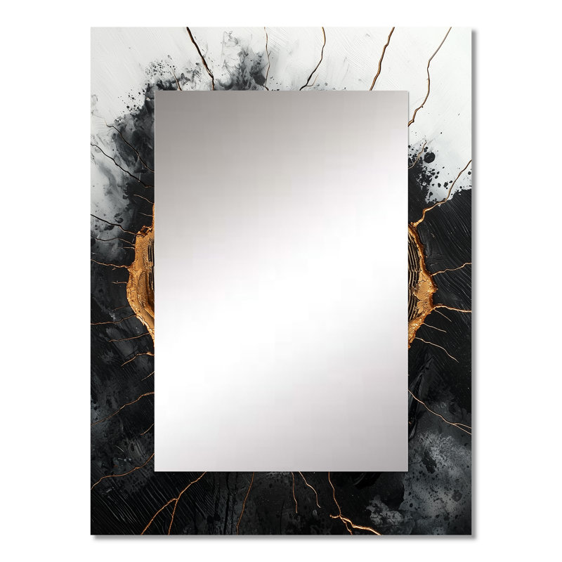 Mysteries Of A Dark Onyx Wood Slice I - Tree Large Mirror, Black Unique Wall Mirror Decor, Printed Metal Art, 32" x 24"