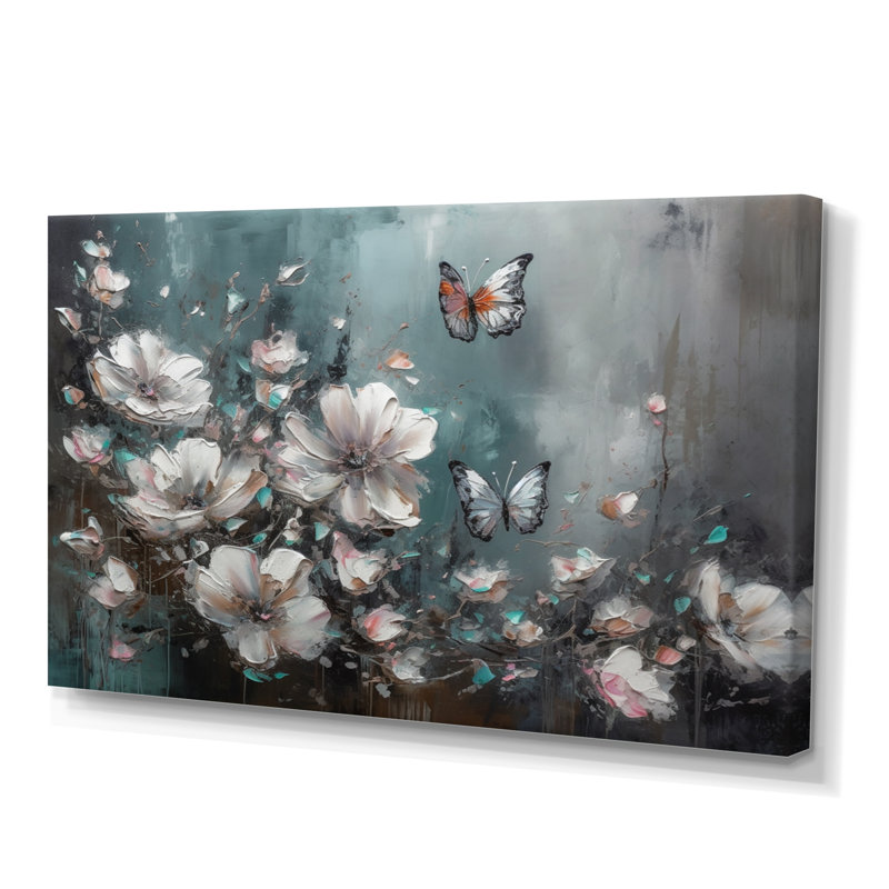 «Ryoko Flowers With Butterflies», peinture II sur toile, Toile tendue, H 30 po x l 40 po x P 1,5 po