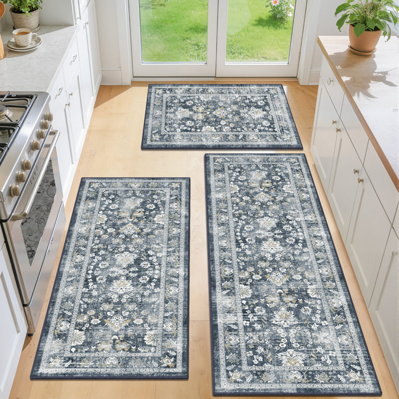 Tapis de cuisine antidérapants lavables à la machine (ensemble de 3), Noir/gris
