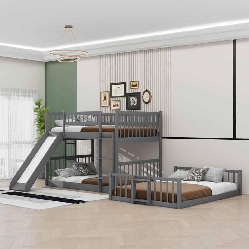 Triple Full-Size Stacked Bunk Bed With Built-In Ladder And Slide, Gray