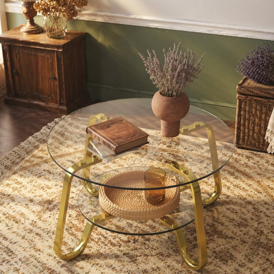 Table basse rétro en verre trempé à structure métallique de style minimaliste rétro, de taille 31,5 * 31,5 * 17,7 pouces, ajoutant une touche d'élégance à votre salon