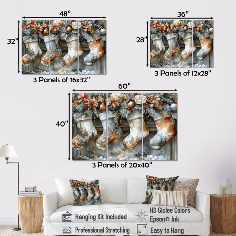 Bas de Noël orange I - ensemble d'art mural de Noël, Toile tendue, H 32 po x l 48 po x P 1 po