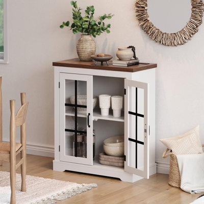 Buffet de 35 pouces avec porte en verre noyer avec prise de courant intégrée, armoire de rangement bicolore en noyer et blanc, garde-manger polyvalent pour la cuisine