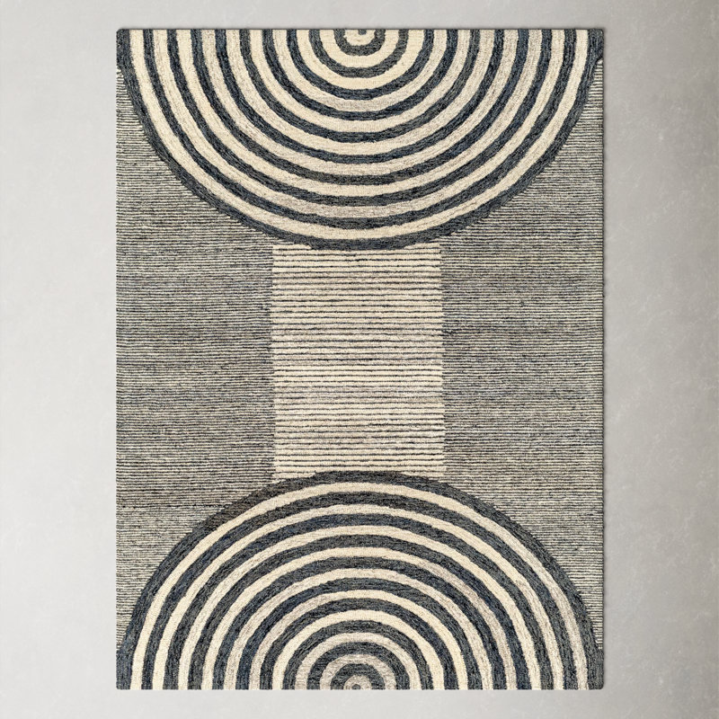Hand-Tufted Black and Beige Wool Geometric Area Rug 8' x 10'
