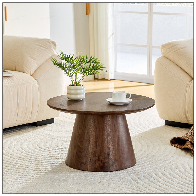 Table basse circulaire en panneau de fibres à densité moyenne noyer avec texture exquise et capacité de charge stable, idéale pour le salon et la chambre à coucher