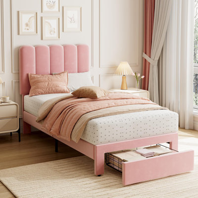 Twin Bed Frame with Under-Bed Drawer, Upholstered Platform Bed with Wave Headboard for Kids/Girls