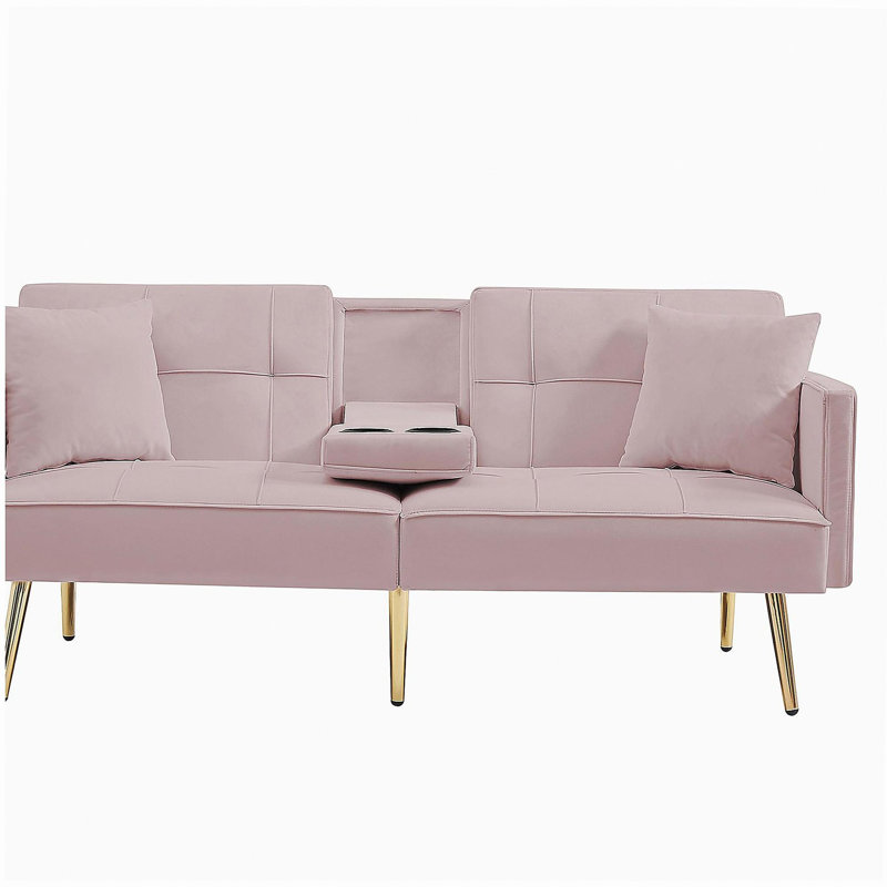 Pink velvet sofa bed with gold metal legs, Pink