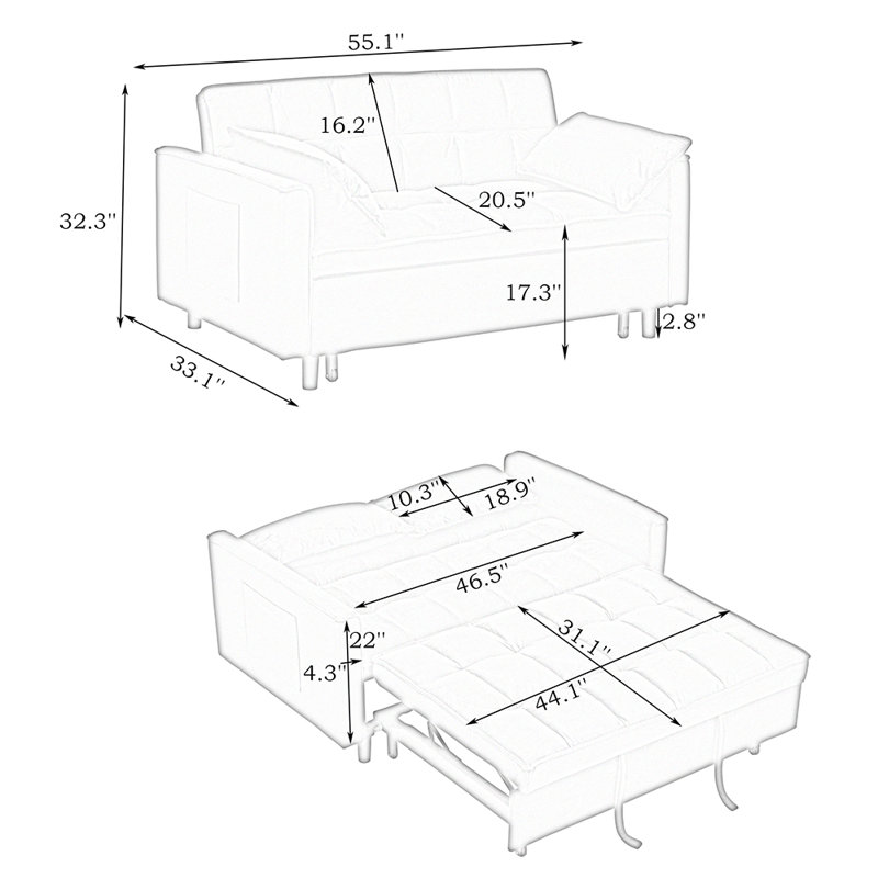 Modern sofa, sofa pull-out bed, with pillow, pockets, 3 in 1 convertible sleep sofa bed., 31.1" H x 52.75" W x 33.46" D