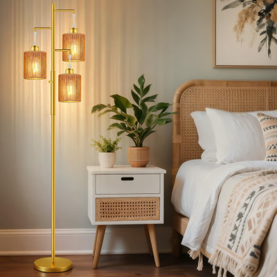 Lampe sur pied bohème en rotin, lampe sur pied industrielle haute à intensité variable, éclairage d'angle décoratif pour salon, chambre, salle à manger, chambre d'enfant, café, or et brun clair